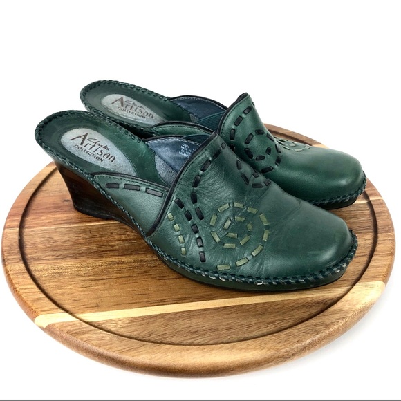 Clark Artisan Green Leather Wedges Womens 8.5 M - Picture 2 of 8